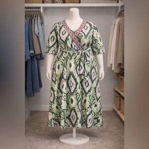 Plus Size 26 4X BloomChic Midi Dress with Pockets in Green and Pink Patterns